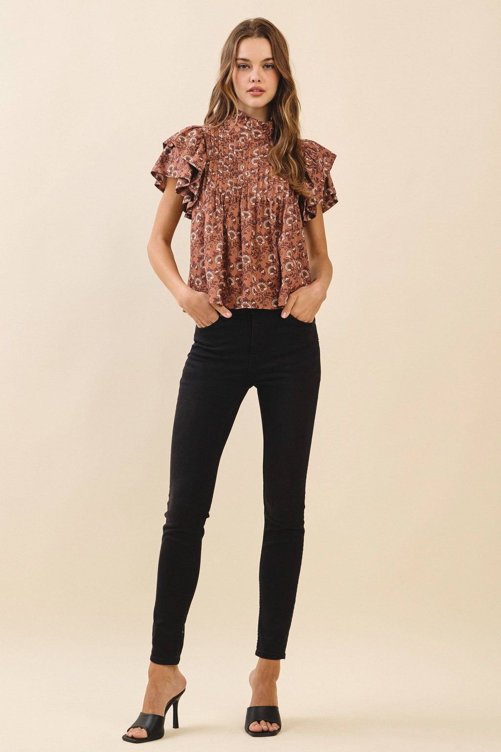Floral Print Pintuck Detail Mock Neck Top