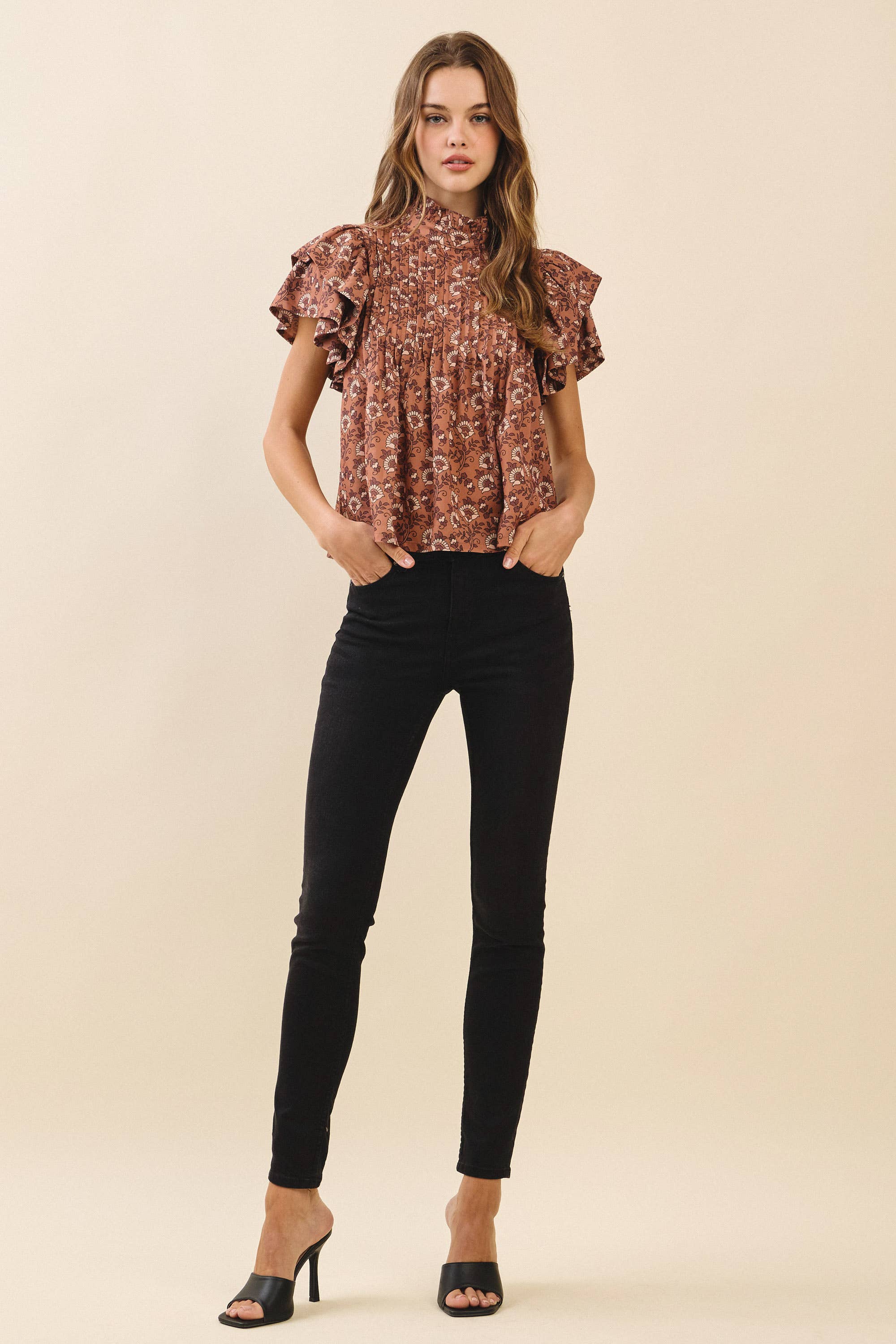 Floral Print Pintuck Detail Mock Neck Top