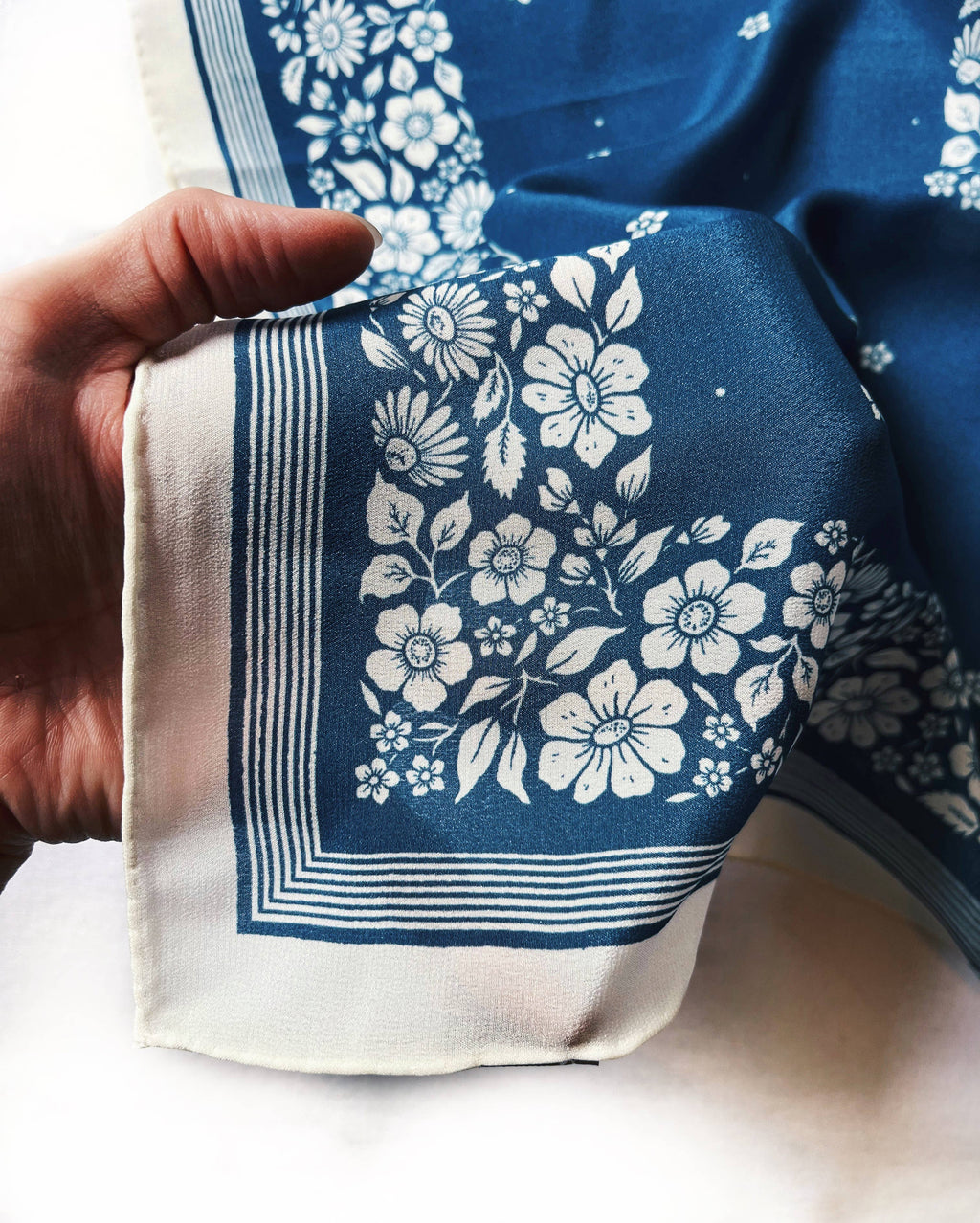 Santorini Floral China Blue - 100% Silk Bandana Scarf -