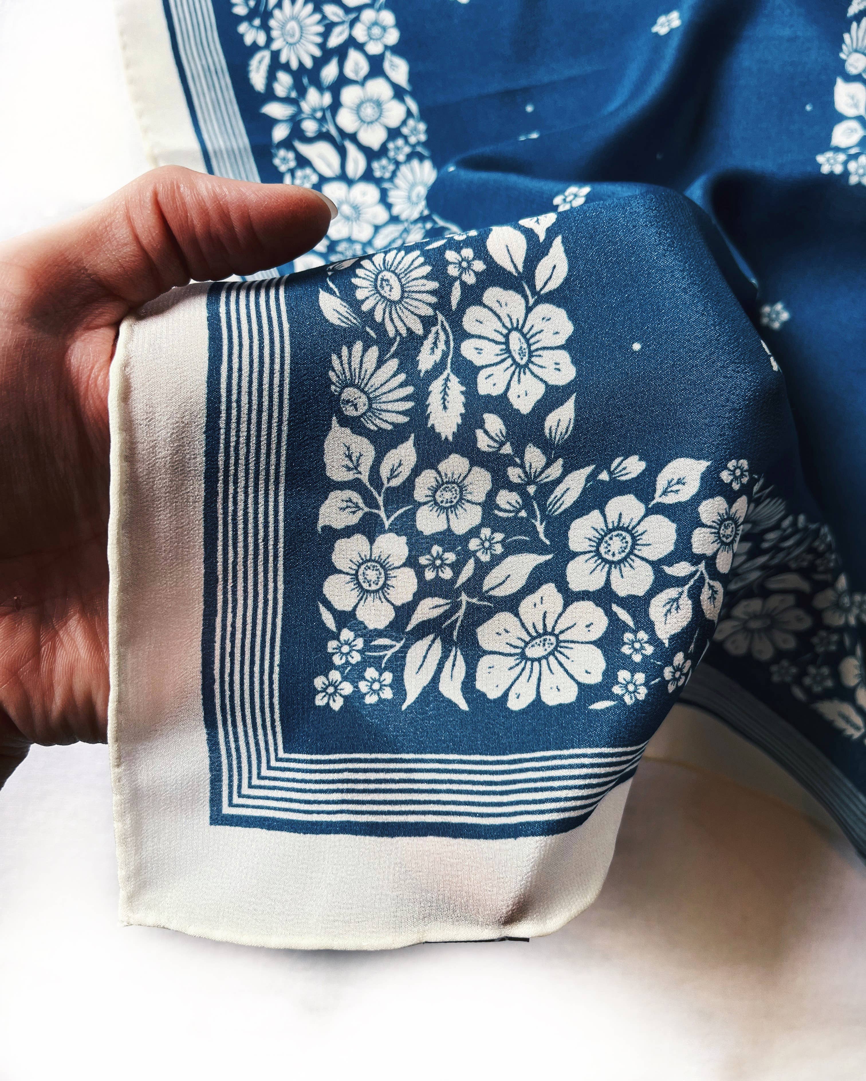 Santorini Floral China Blue - 100% Silk Bandana Scarf -