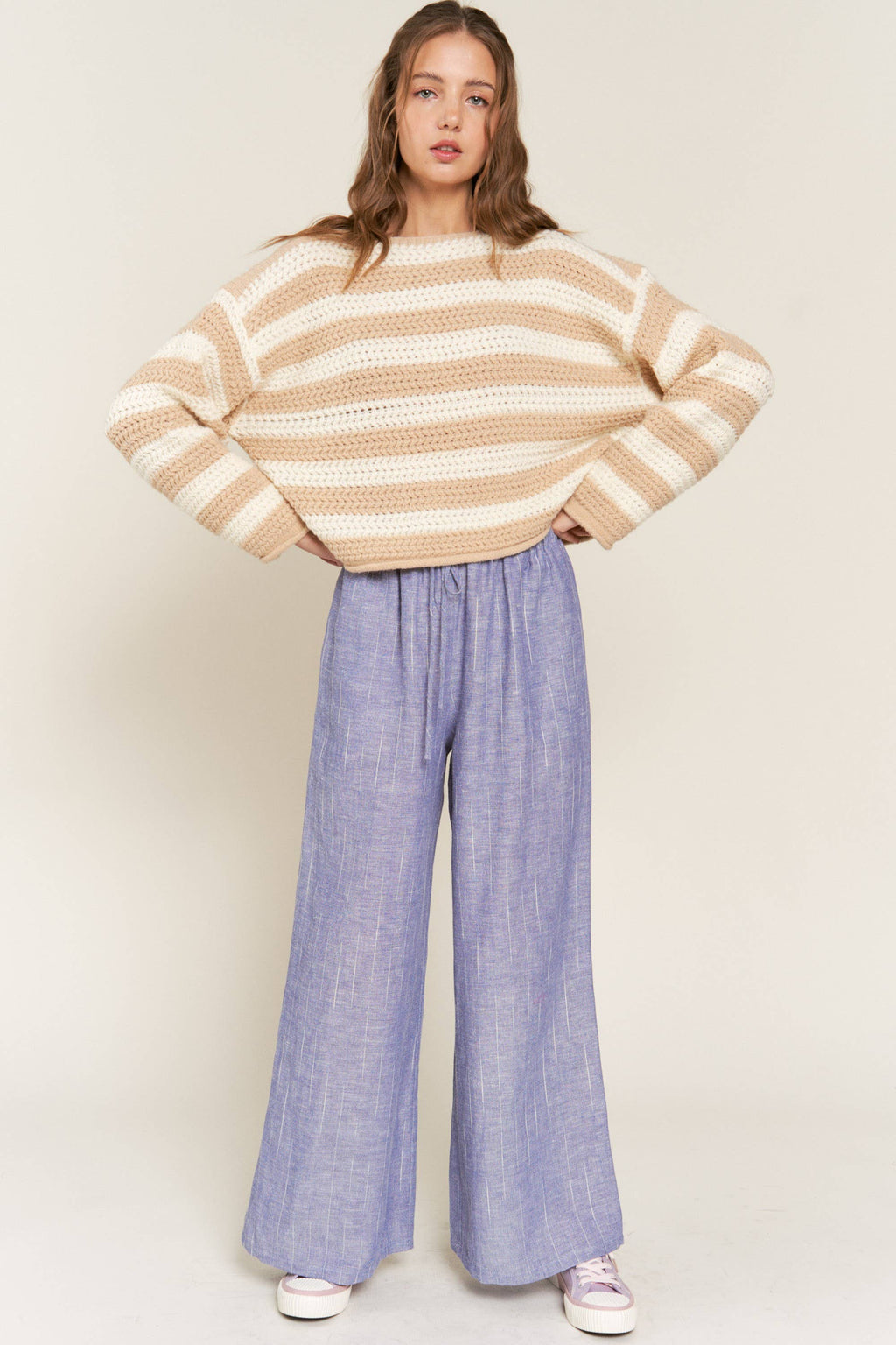 Eberdeen Beige Striped Knit Sweater