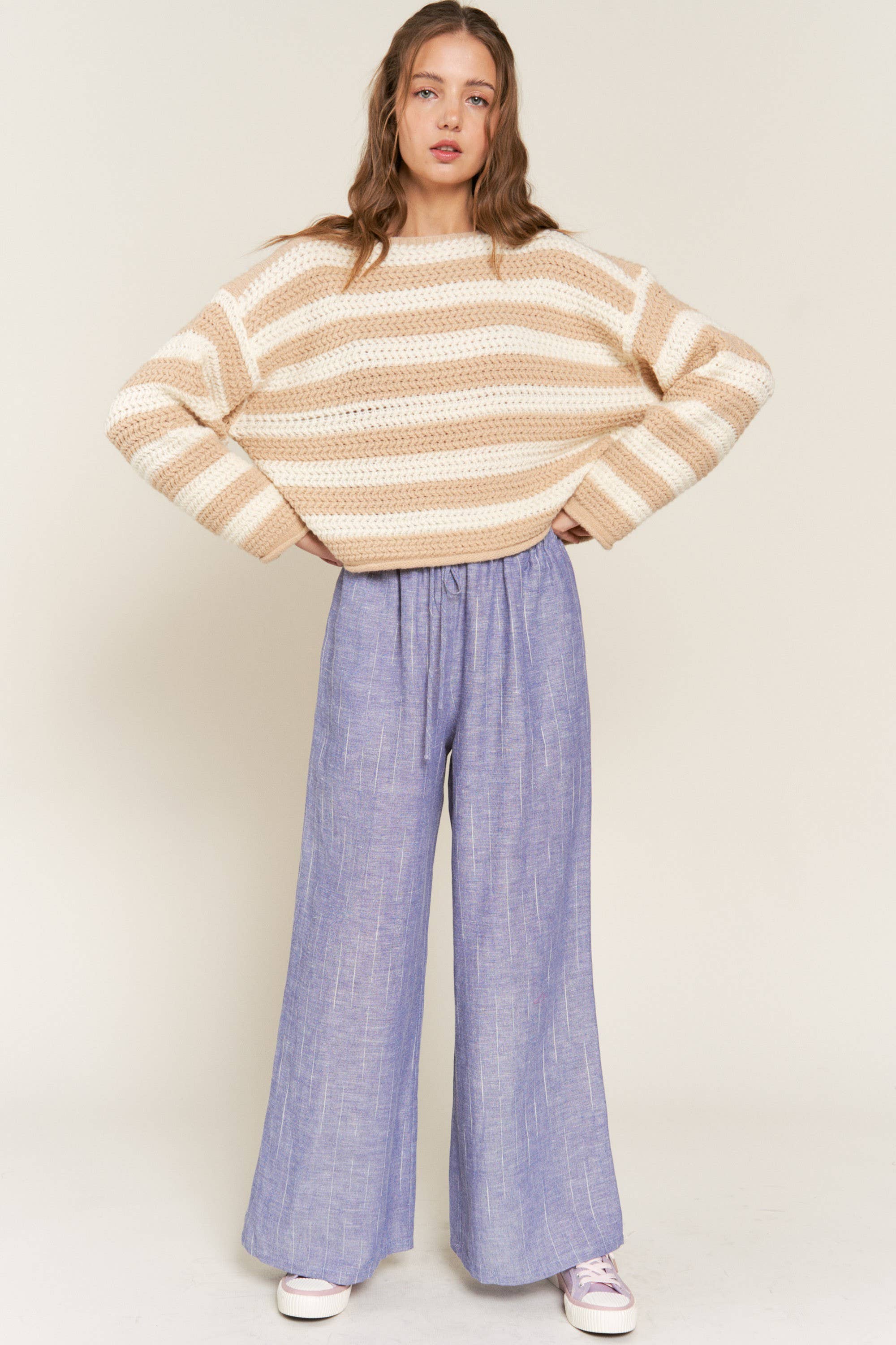 Eberdeen Beige Striped Knit Sweater