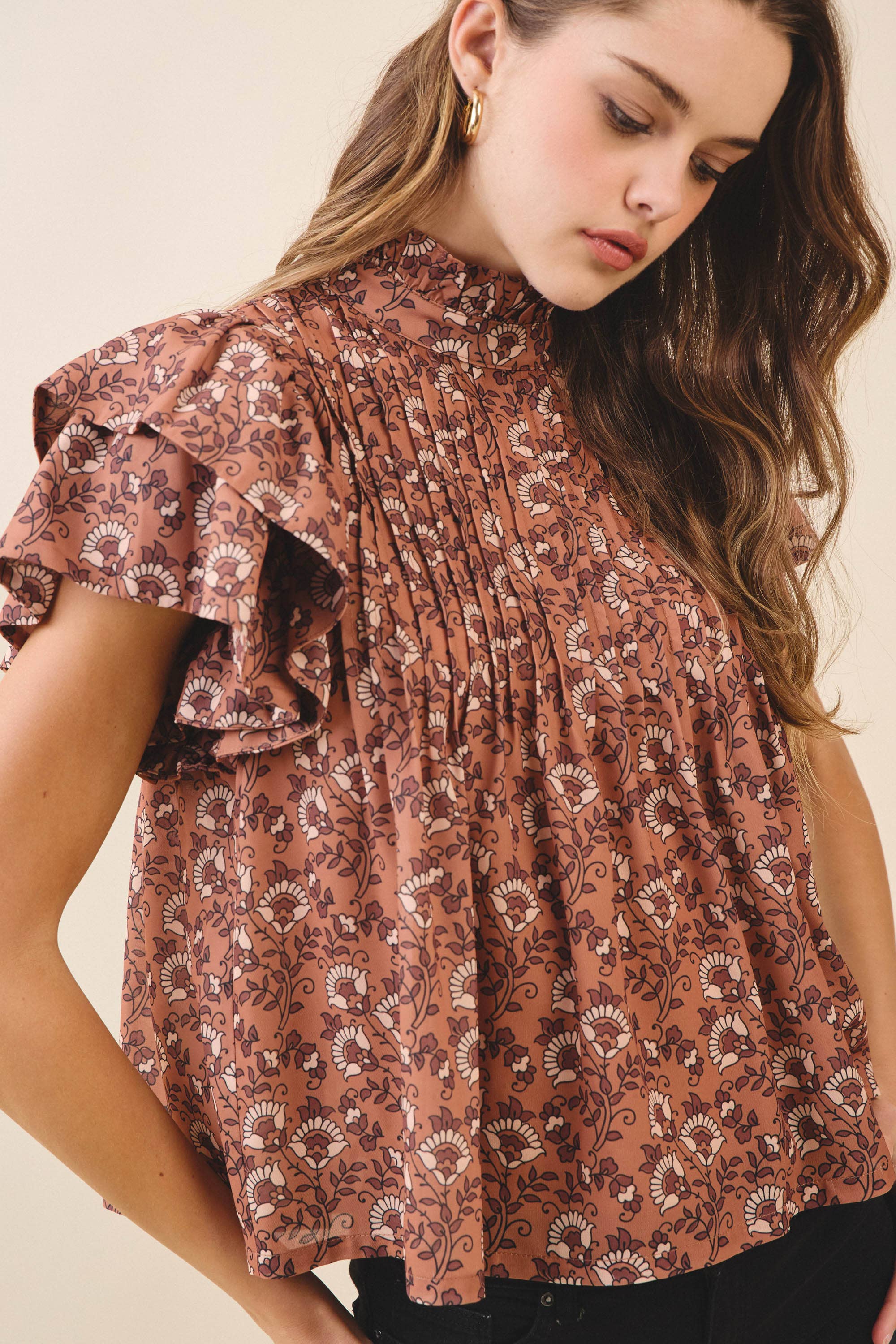 Floral Print Pintuck Detail Mock Neck Top