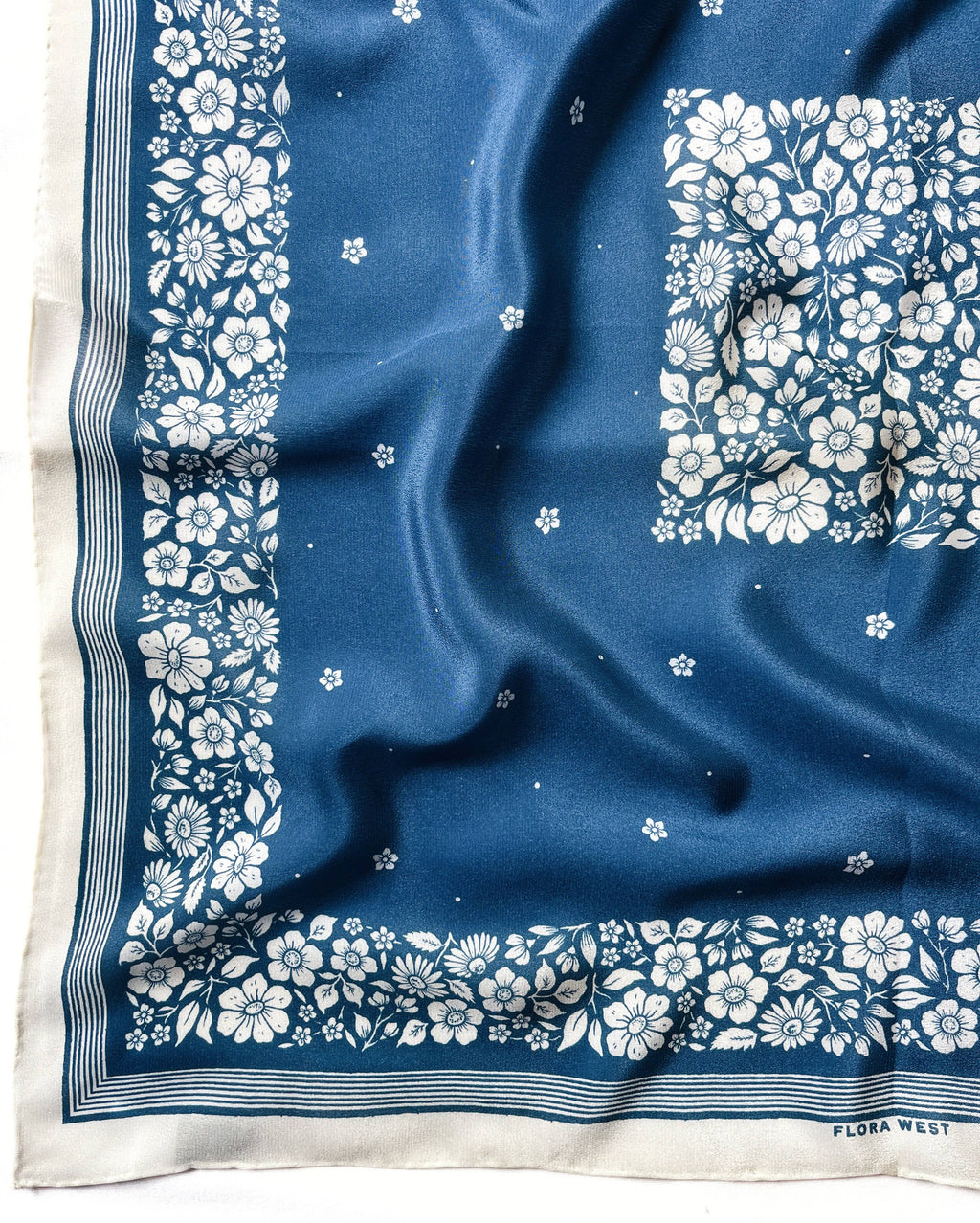 Santorini Floral China Blue - 100% Silk Bandana Scarf -
