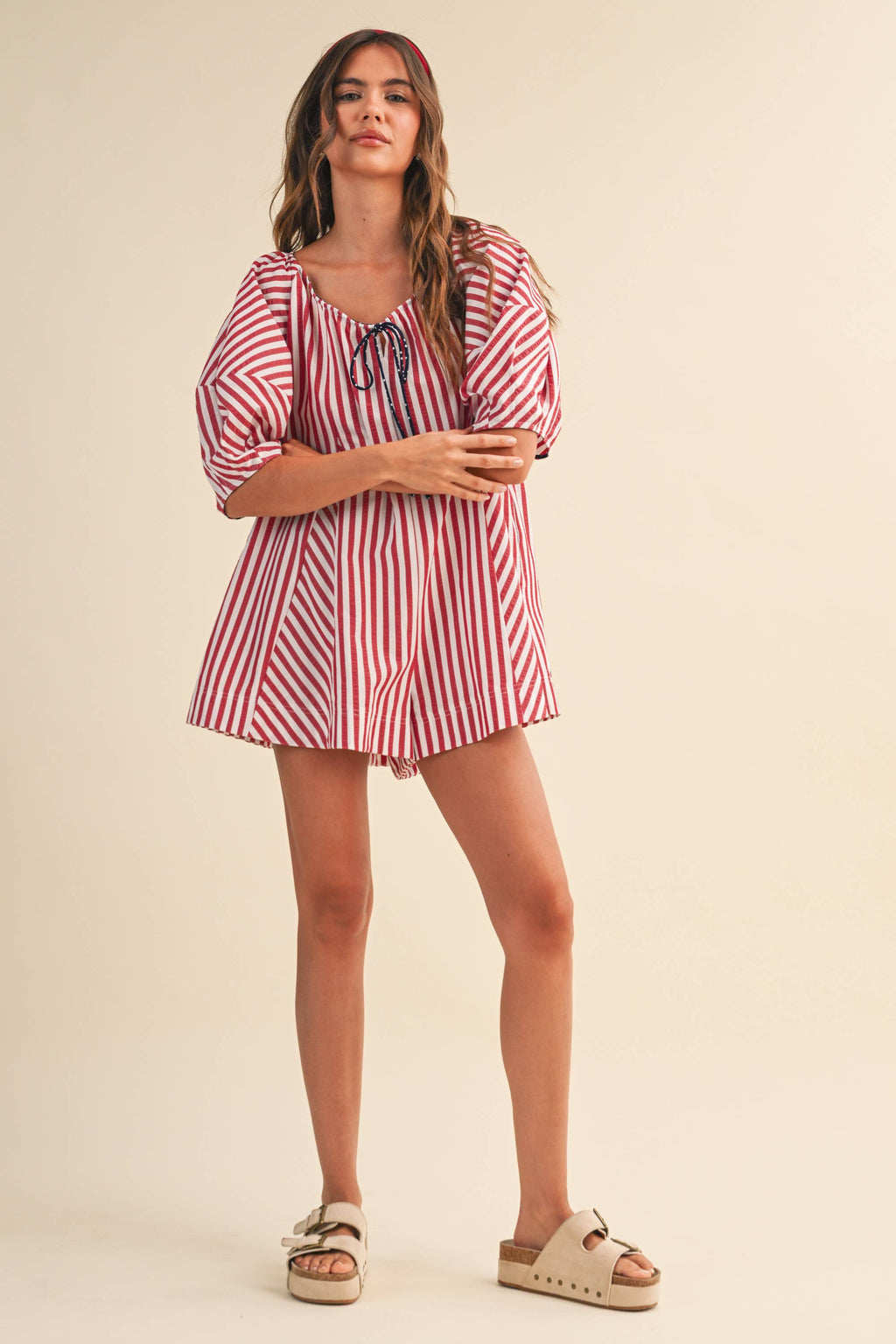 IR2141-K AMERICAN STRIPED OVERSIZED SCOOPNECK PUFF SLEEVE RO
