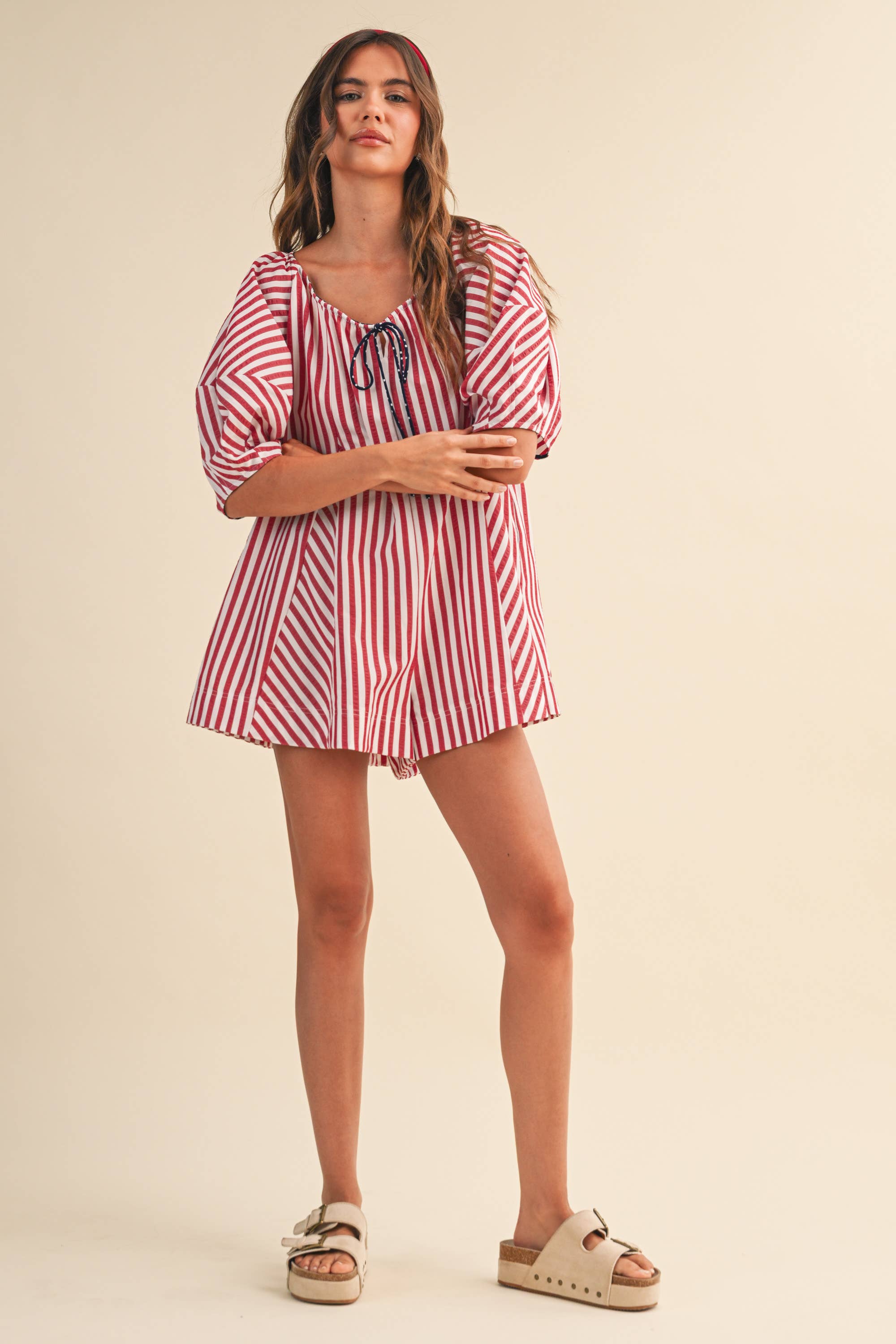 IR2141-K AMERICAN STRIPED OVERSIZED SCOOPNECK PUFF SLEEVE RO