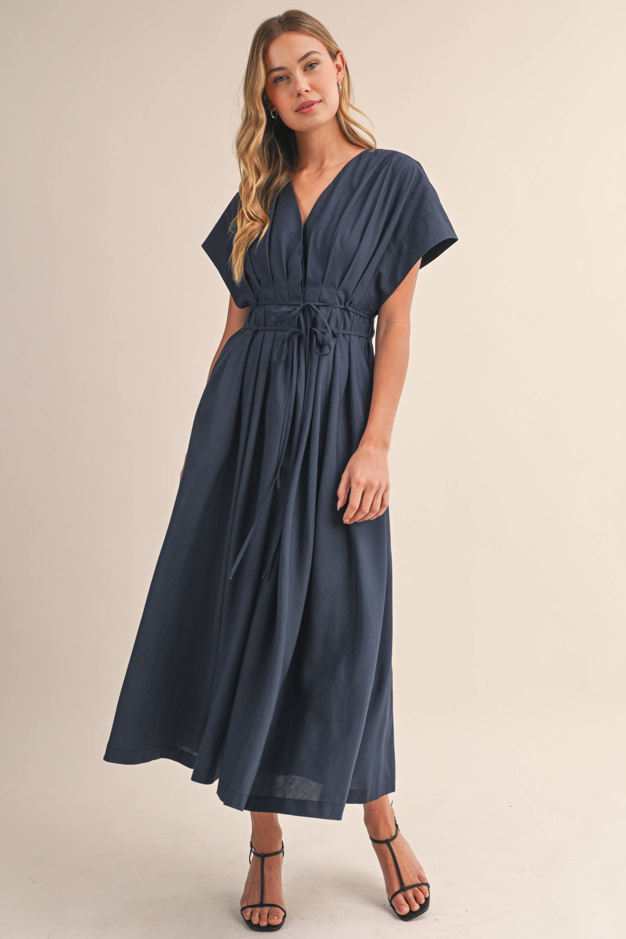 IDA1035 POPLIN SHORT SLV PLEATED DETAIL BELTED MAXI DRESS