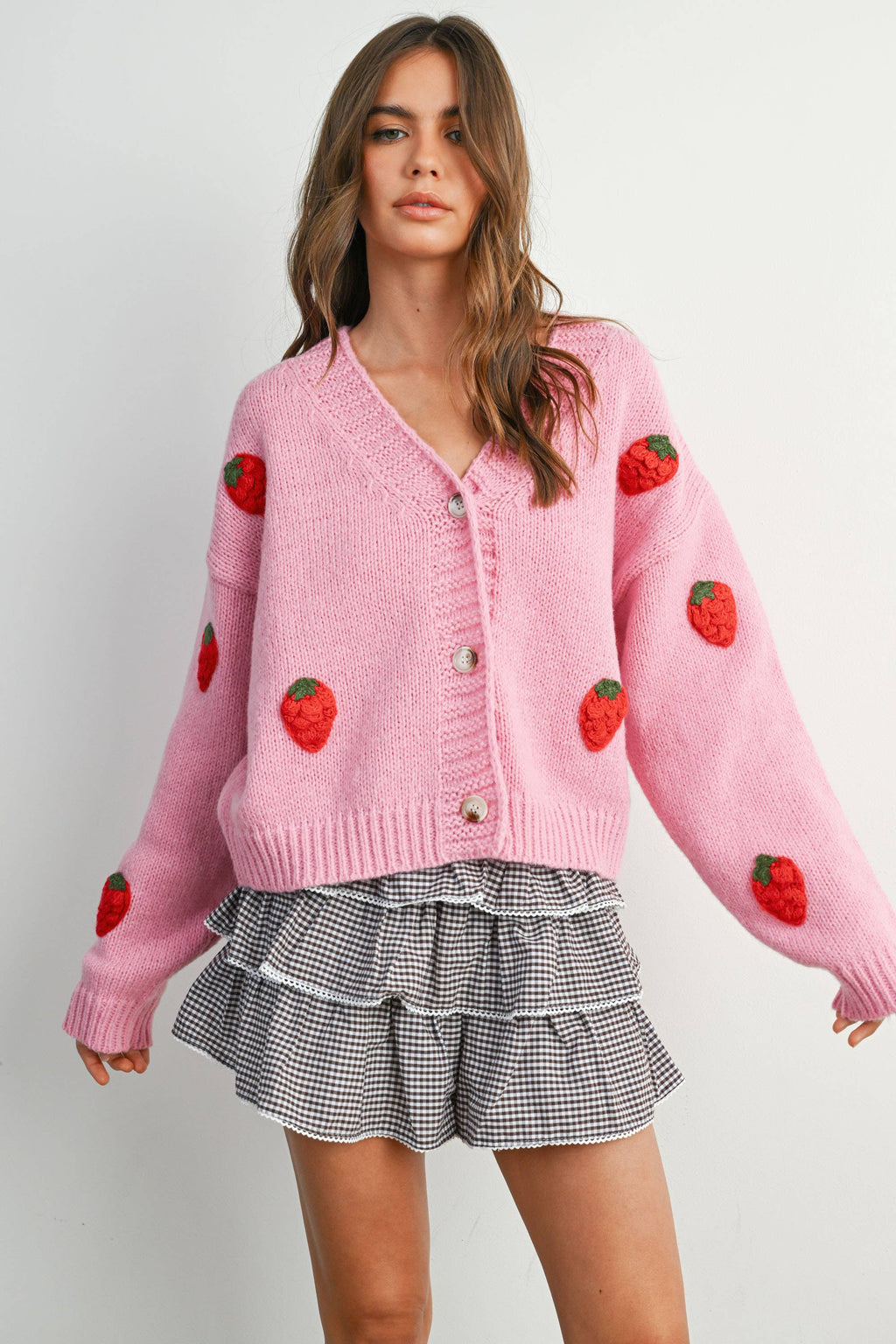Eloise Strawberry Embroidered Cropped Cardigan