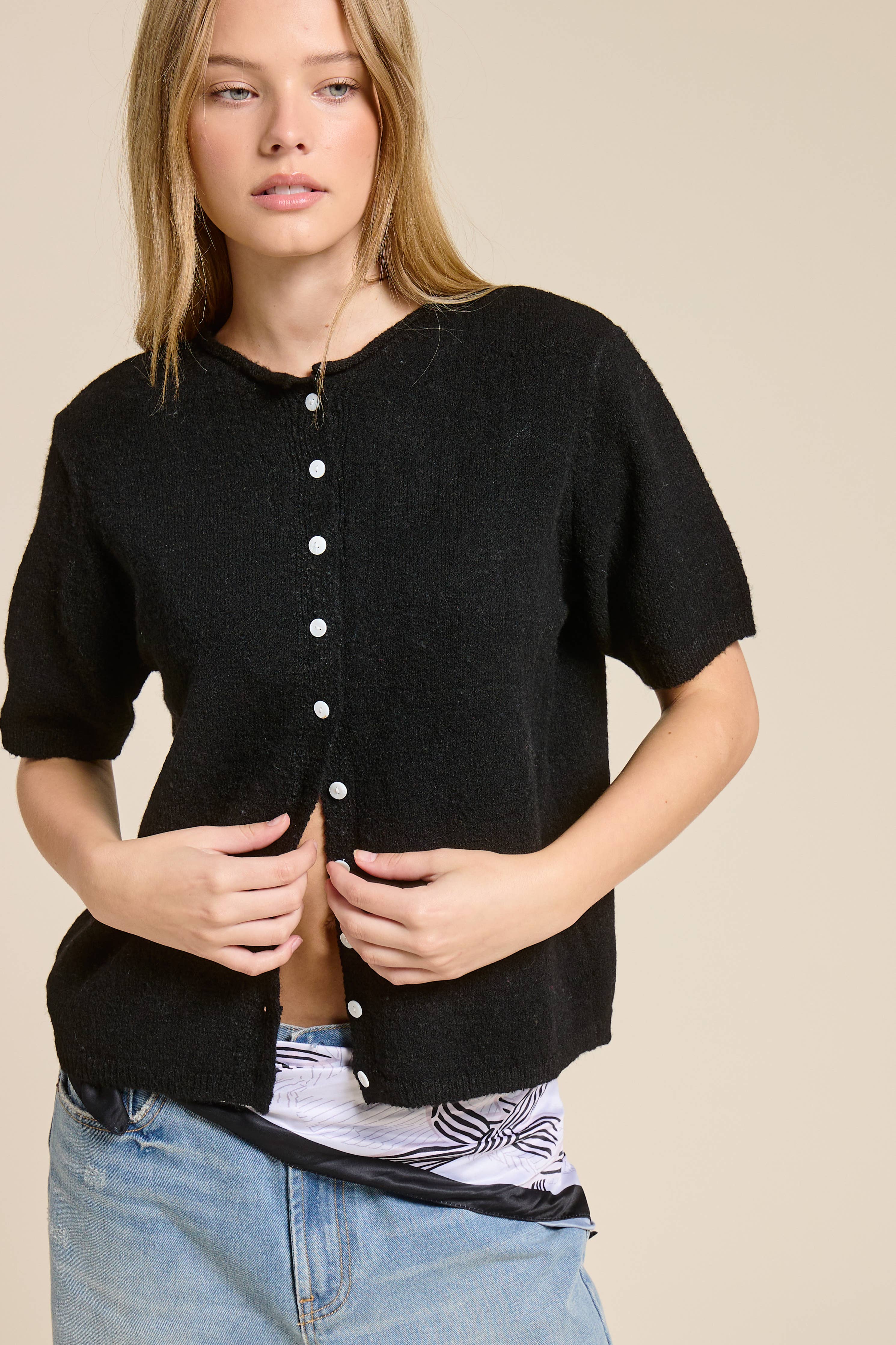 Short Sleeve Button Down Cardigan Top