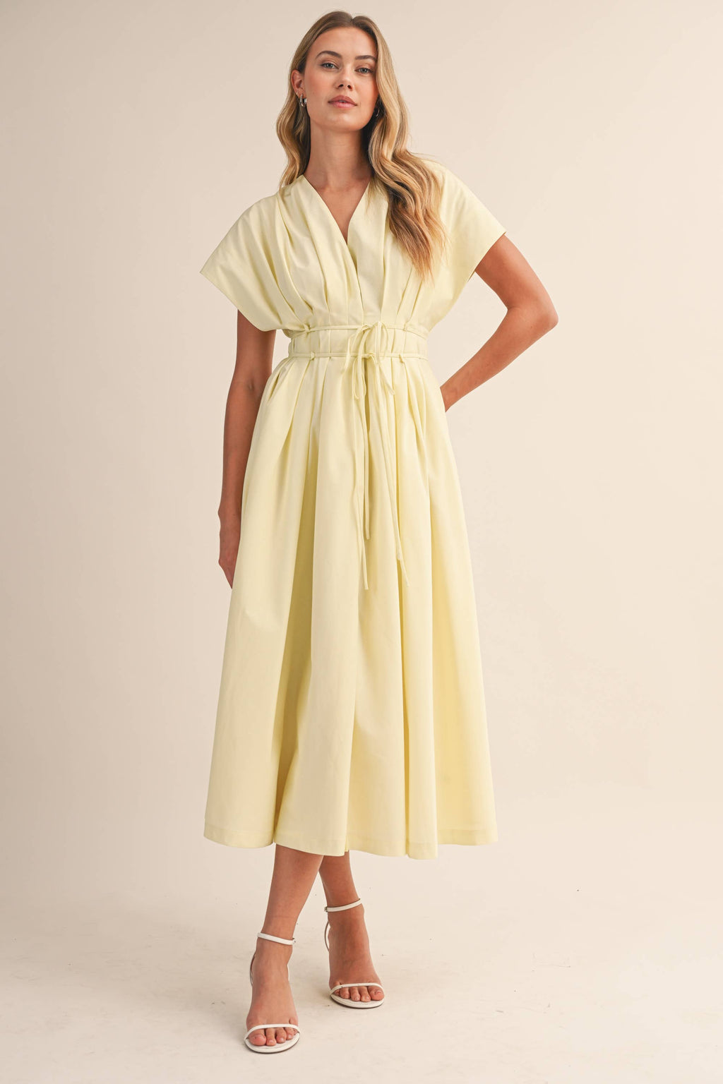 IDA1035 POPLIN SHORT SLV PLEATED DETAIL BELTED MAXI DRESS