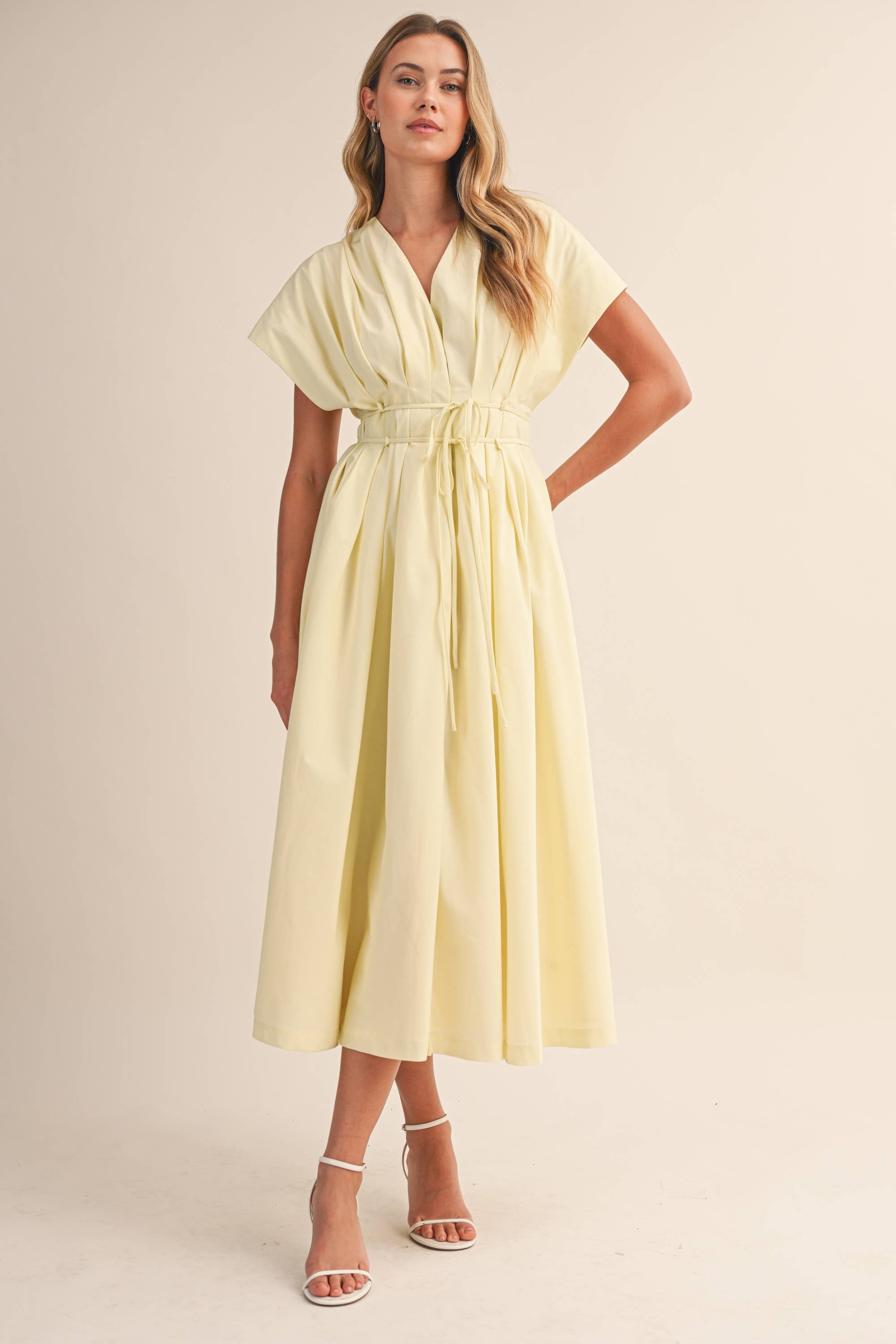 IDA1035 POPLIN SHORT SLV PLEATED DETAIL BELTED MAXI DRESS