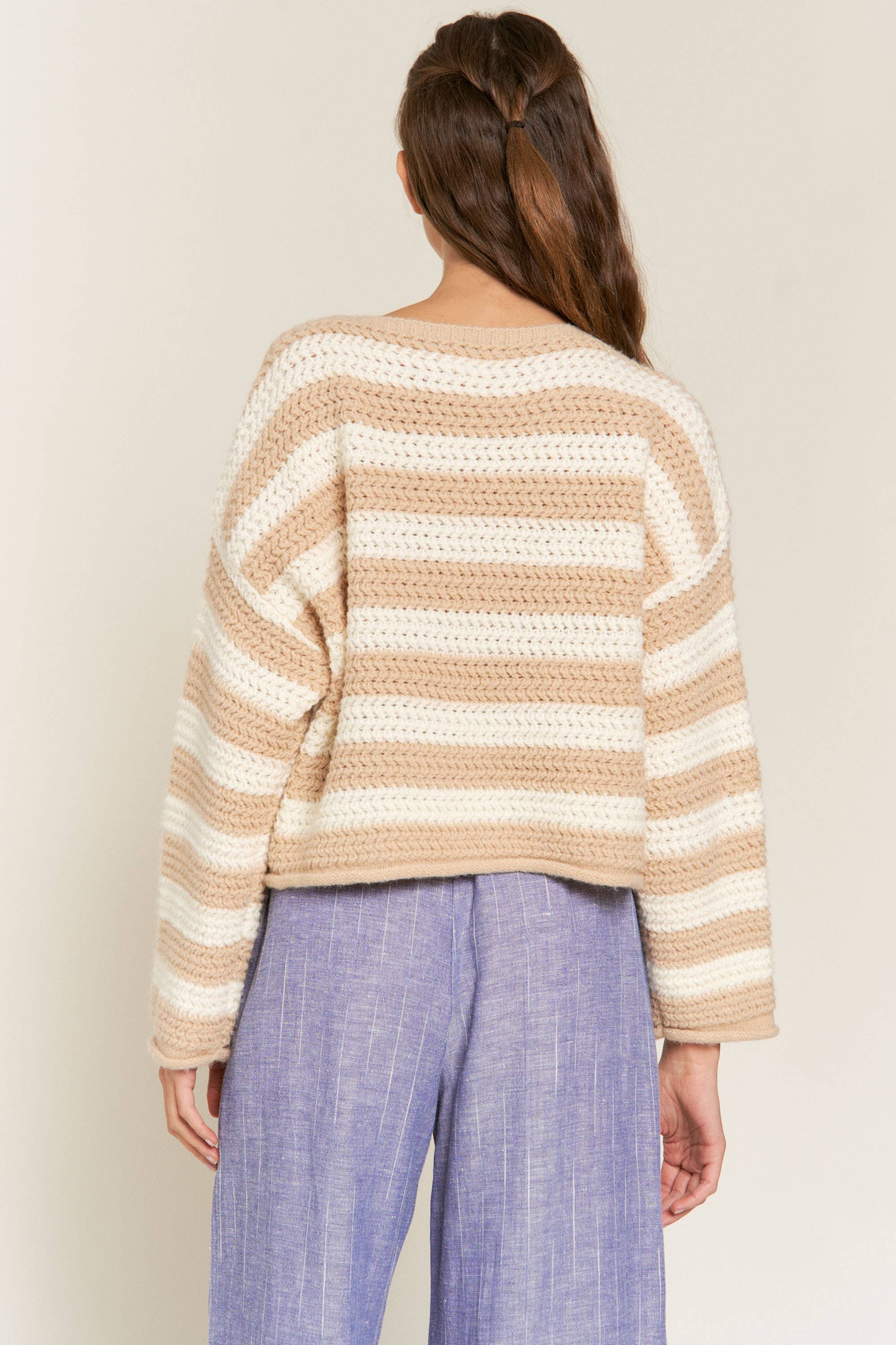 Eberdeen Beige Striped Knit Sweater