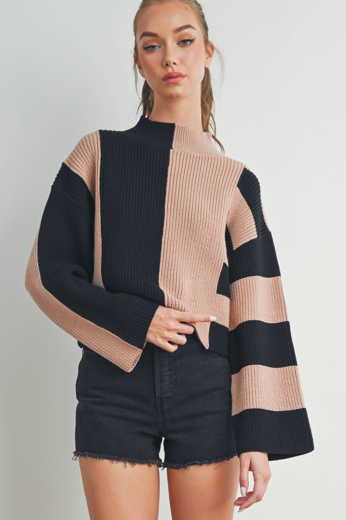 Color Block Mock Turtleneck Sweater