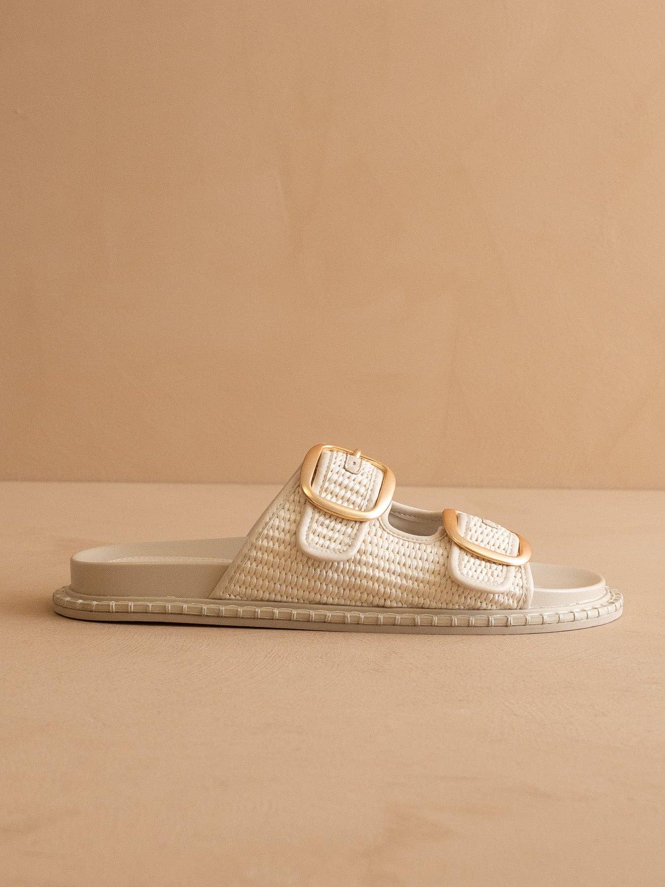 The Daytona - Two-Tone Raffia Gold Buckle Sandal