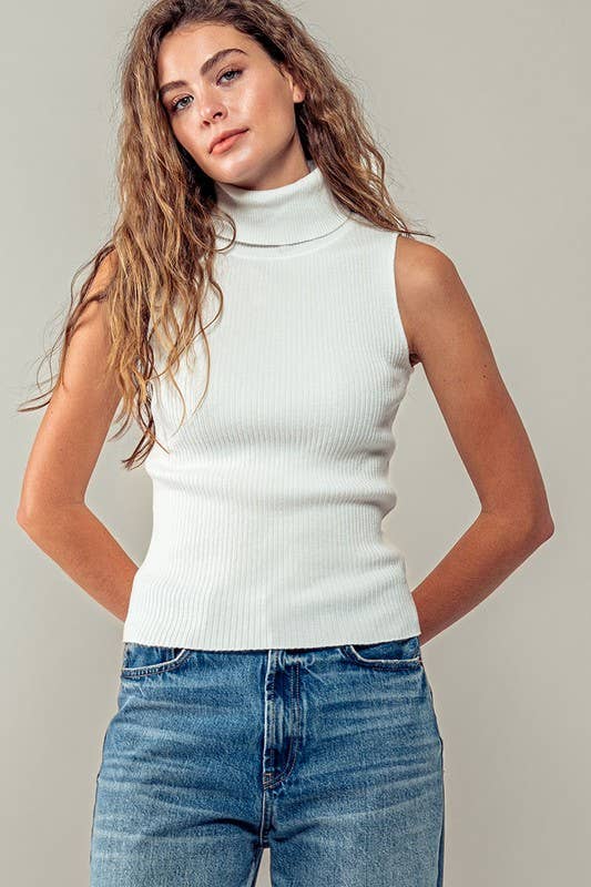 RIB KNIT SLEEVELESS TURTLE NECK TOP