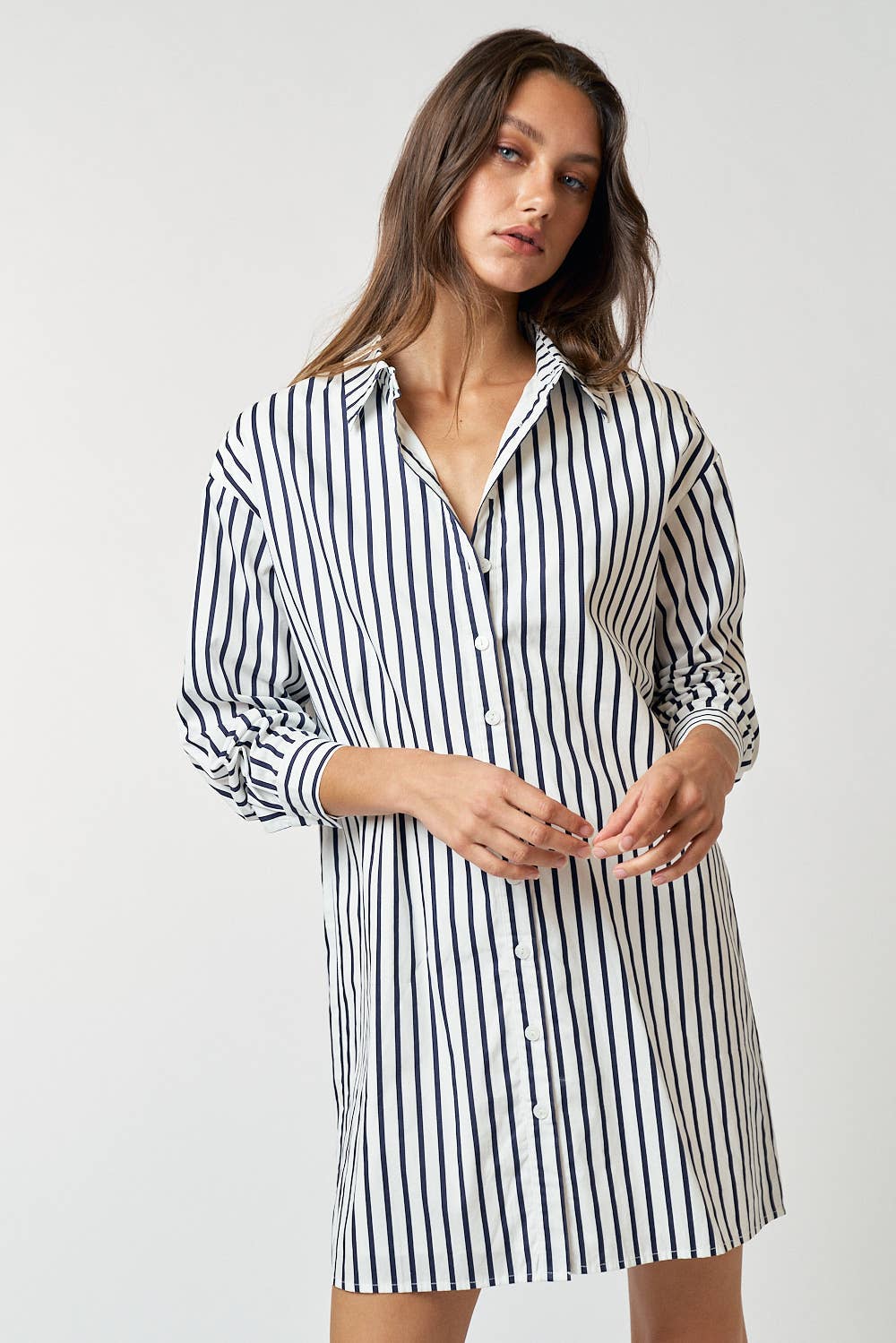 Striped Collar Button Up Shirt Mini Dress, Navy/White