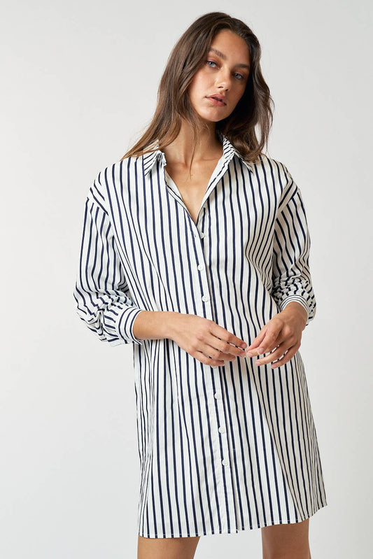 Striped Collar Button Up Shirt Mini Dress, Navy/White