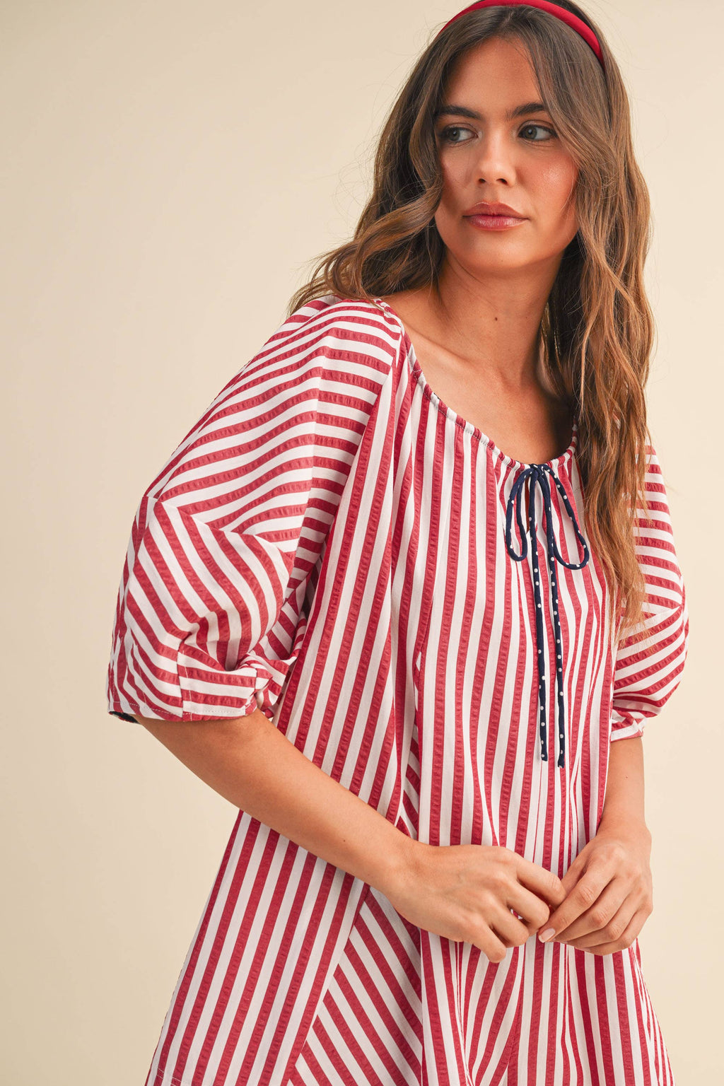 IR2141-K AMERICAN STRIPED OVERSIZED SCOOPNECK PUFF SLEEVE RO