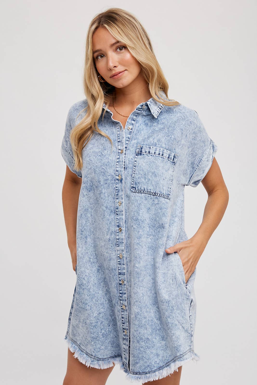 Frayed Hem Denim Shirt Dress