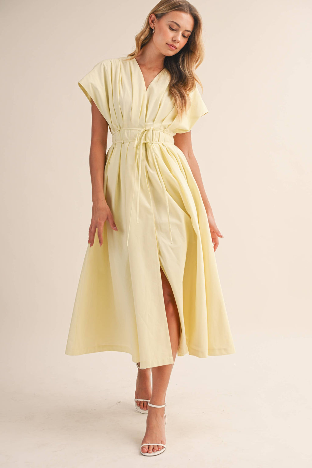 IDA1035 POPLIN SHORT SLV PLEATED DETAIL BELTED MAXI DRESS
