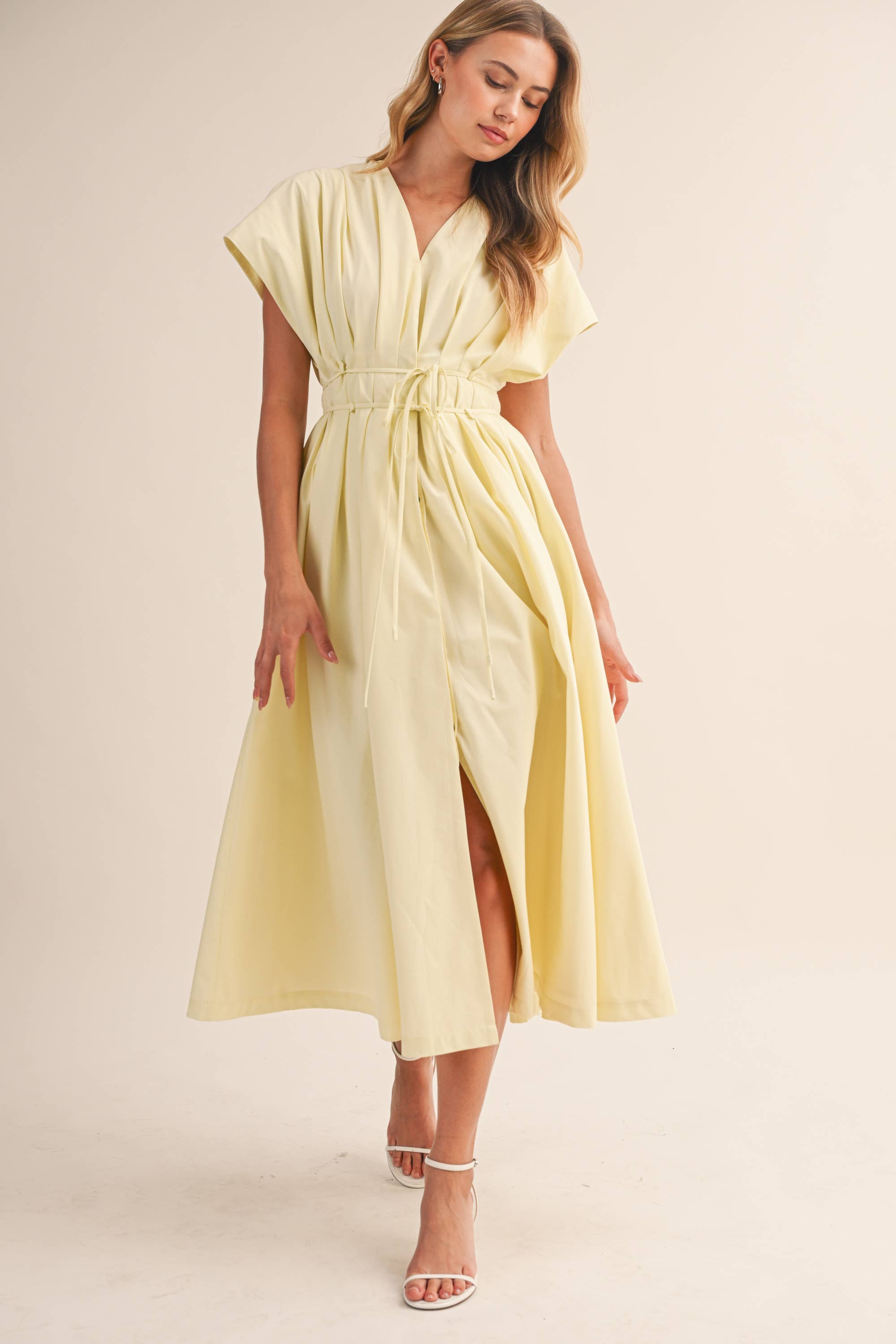 IDA1035 POPLIN SHORT SLV PLEATED DETAIL BELTED MAXI DRESS